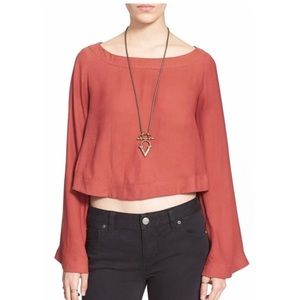 Free People Stars Aligned Bell Sleeve Cropped Top in Red Clay NWOT